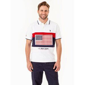 Us Polo Assn Men's Printed Flag Colorblock Pique Polo T-Shirts White Size XXL